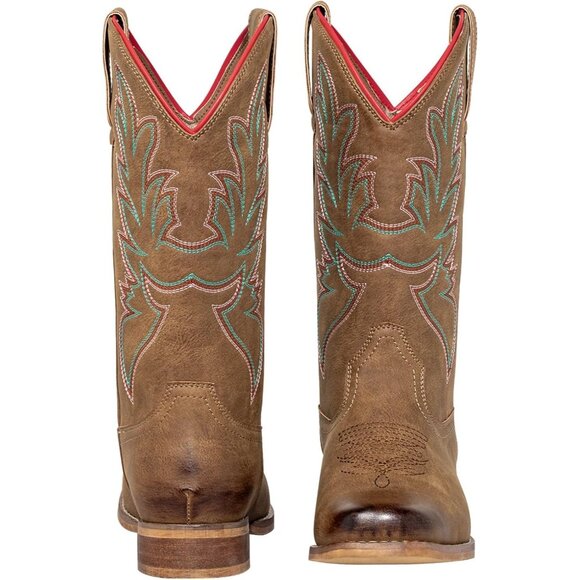 J's.o.l.e Women Brown Cowboy Boot Square Mid Calf Pull On Fashion Embroidered - Picture 2 of 9